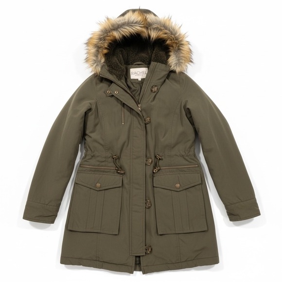 RACHEL Rachel Roy Jackets & Blazers - Rachel Rachel Roy Womens Olive Green Faux Fur Hooded Parka Jacket XS
